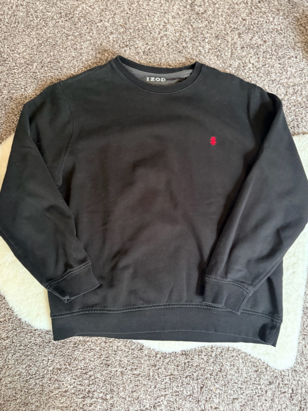 IZOD Men’s Black Crewneck Sweatshirt with fleece lining, Red Logo, size Large